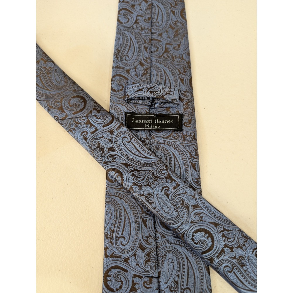 Laurent Bennet Milano Mens Paisley Tie - Blue Brown‎ Microfiber Necktie 56" Long - Picture 2 of 3